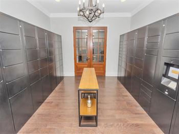 Walk-in closet with dark wood storage cabinets