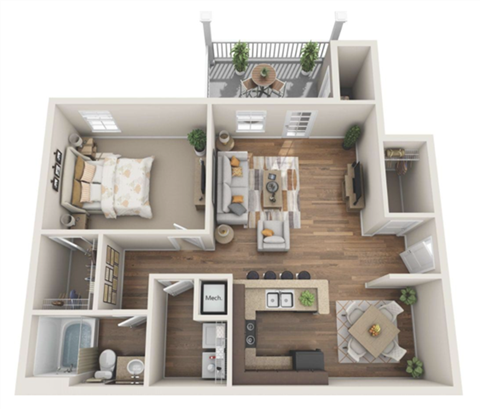 Floor plan for 1 bed, 1 bath, 850 sqft
