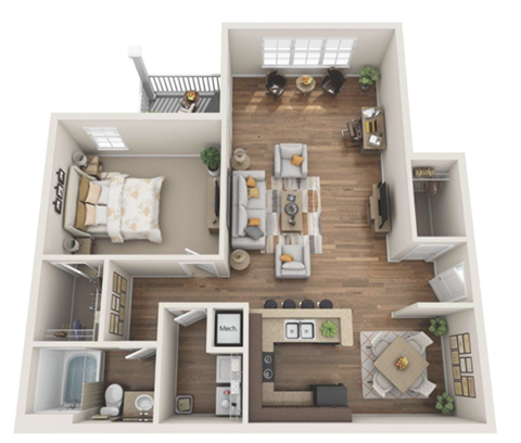 Floor plan for 1 bed, 1 bath, 990 sqft