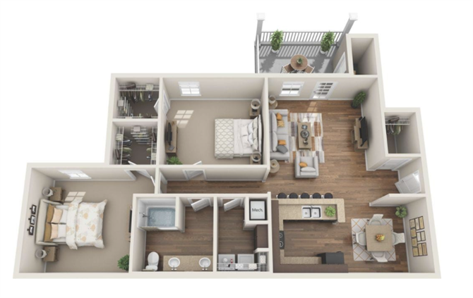 Floor plan for 2 beds, 1 bath, 1185 sqft