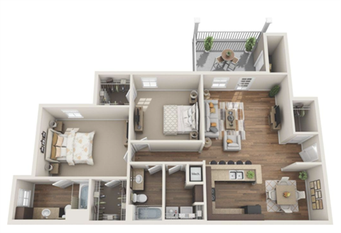 Floor plan for 2 beds, 2 baths, 1240 sqft