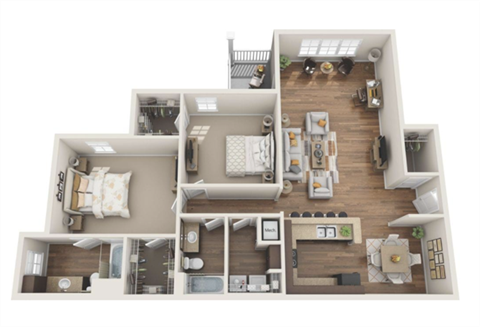 Floor plan for 2 beds, 2 baths, 1390 sqft