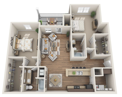 Floor plan for 2 beds, 2 baths, 1360 sqft