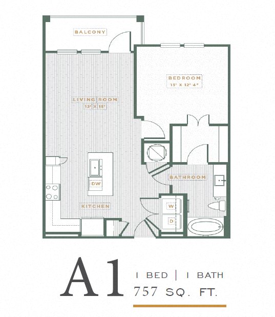 Floor plan for 1 bed, 1 bath, 757 sqft