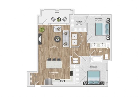 Floor plan for 2 beds, 1 bath, 1028 sqft