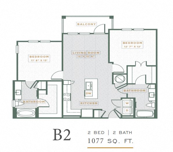 Floor plan for 2 beds, 2 baths, 1077 sqft