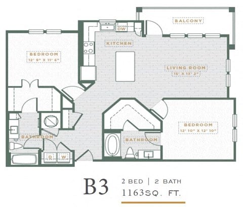 Floor plan for 2 beds, 2 baths, 1163 sqft