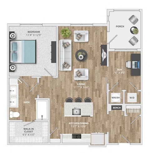 Floor plan for 1 bed, 1 bath, 881 sqft