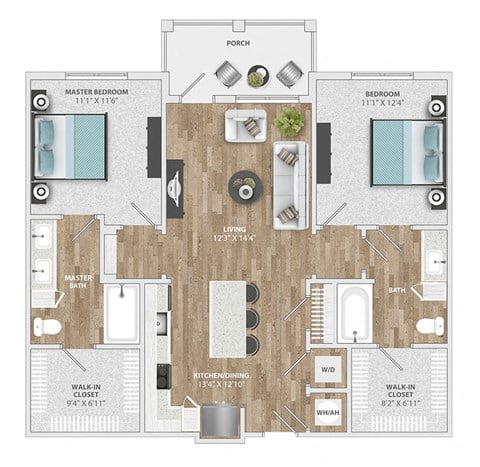Floor plan for 2 beds, 2 baths, 1091 sqft