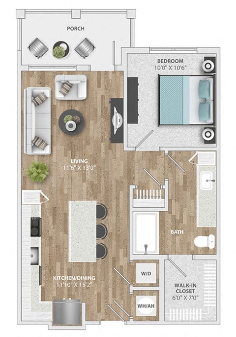 Floor plan for 1 bed, 1 bath, 685 sqft