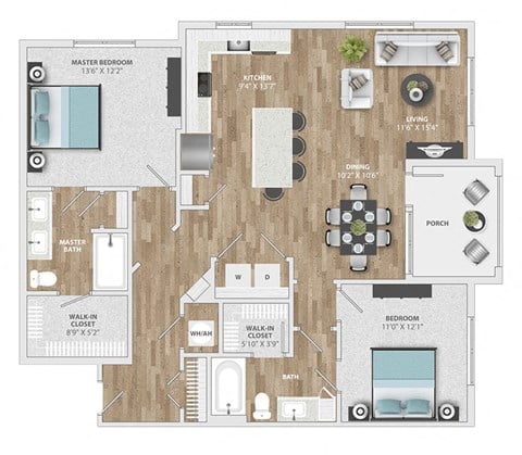 Floor plan for 2 beds, 2 baths, 1293 sqft