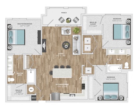 Floor plan for 3 beds, 2 baths, 1402 sqft