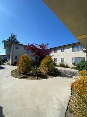 Los Angeles apartment for rent - A building with a red tree in front of it.