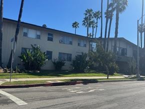 Los Angeles apartment for rent - A building with a white facade and a row of palm trees in front of it.