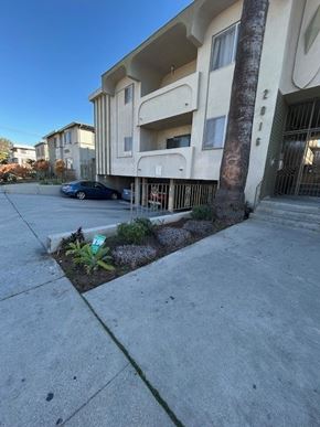 Los Angeles apartment for rent - A blue car is parked in front of a building with a palm tree.