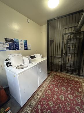 Los Angeles apartment for rent - A white washing machine sits in a small room with a red carpet.