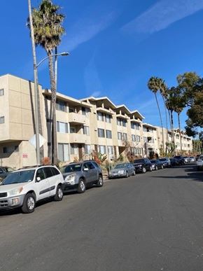 Los Angeles apartment for rent - A row of cars parked in front of a building with palm trees.