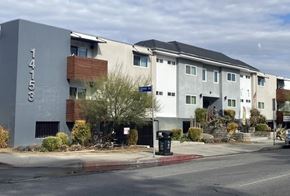 Van Nuys apartment for rent - A modern apartment building with the number 14158 on its facade.