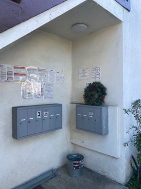 Los Angeles apartment for rent - A wall with a bunch of papers on it and a plant on top of a box.