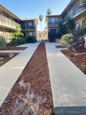 Los Angeles apartment for rent - A concrete pathway leads between two rows of houses.