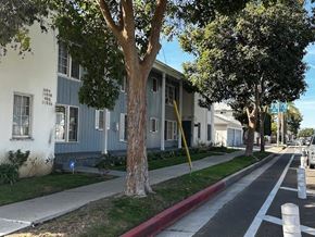 Los Angeles apartment for rent - A tree stands on the sidewalk in front of a blue and white building.