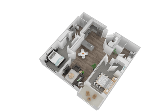 Floor plan for 2 beds, 2 baths, 1067 sqft