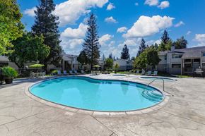 Sacramento apartment for rent - Monte Bello Swimming pool area with spa and apartment buildings in the distance.  Mature trees and blue skies in the background. at Monte Bello Apartments, Sacramento, California
