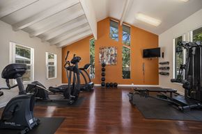 Davis apartment for rent - a home gym with exercise machines and a tv on the wall at Pinecrest Apartments, Davis ,95616