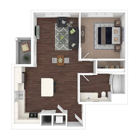 Floor plan for 1 bed, 1 bath, 763 sqft