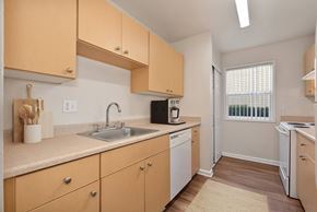 Napa apartment for rent - a kitchen with wooden cabinets and a sink and a window at Vineyard Terrace Apartments, California, 94558