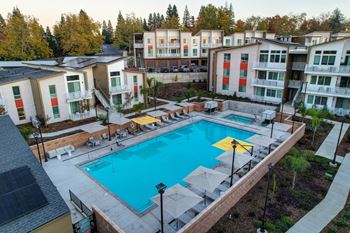 Swimming pool with cabana lounges