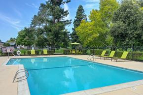 Napa apartment for rent - A large swimming pool surrounded by trees and lounge chairs at Vineyard Terrace Apartments, California