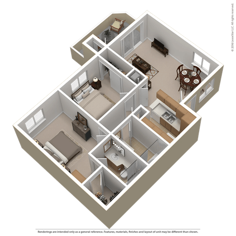 Floor plan for 2 beds, 2 baths, 770 sqft