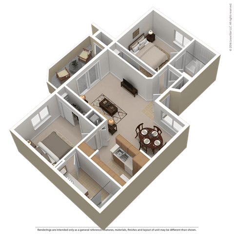 Floor plan for 2 beds, 2 baths, 805 sqft