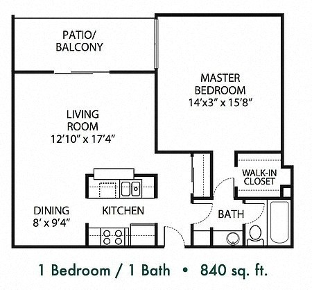 Floor plan for 1 bed, 1 bath, 840 sqft