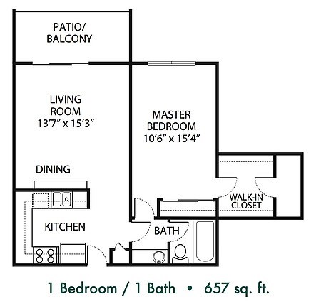 Floor plan for 1 bed, 1 bath, 657 sqft