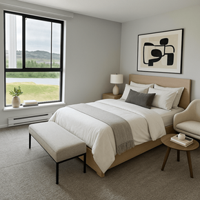 San Francisco apartment for rent - A bedroom with a large bed, a chair, and a painting on the wall.