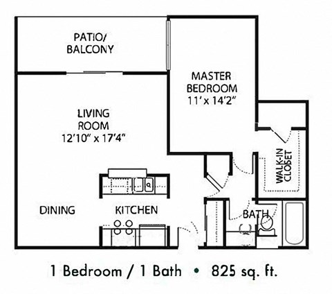 Floor plan for 1 bed, 1 bath, 825 sqft