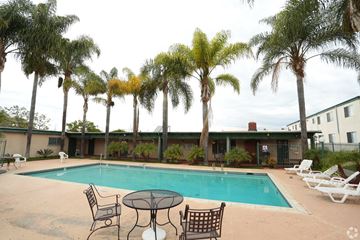 Vista apartment for rent - A pool surrounded by palm trees and chairs.
