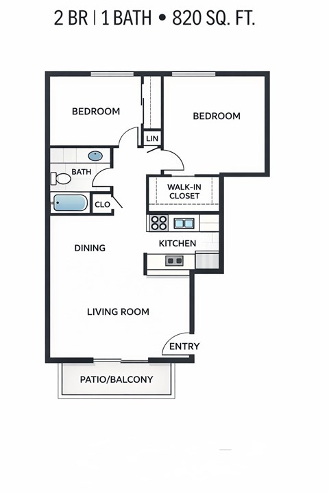 Floor plan for 2 beds, 1 bath, 820 sqft