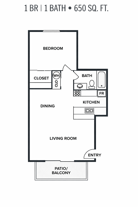 Floor plan for 1 bed, 1 bath, 650 sqft