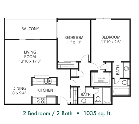 Floor plan for 2 beds, 2 baths, 1035 sqft