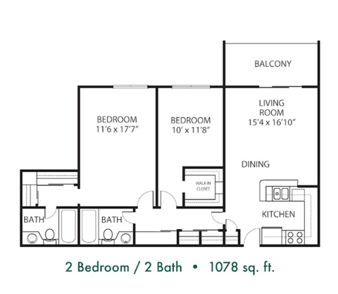 Floor plan for 2 beds, 2 baths, 1078 sqft