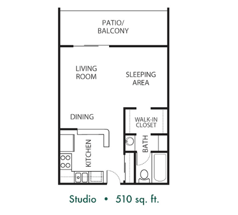 Floor plan for studio, 1 bath, 510 sqft