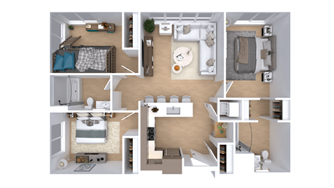 Floor plan for 3 beds, 2 baths, 972 sqft