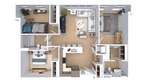 Floor plan for 3 beds, 2 baths, 988 sqft
