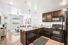 Salt Lake City apartment for rent - A kitchen with dark brown cabinets and black appliances.