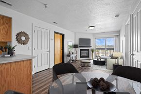 Park City condo for rent - A modern living room with a wooden cabinet and a glass table.