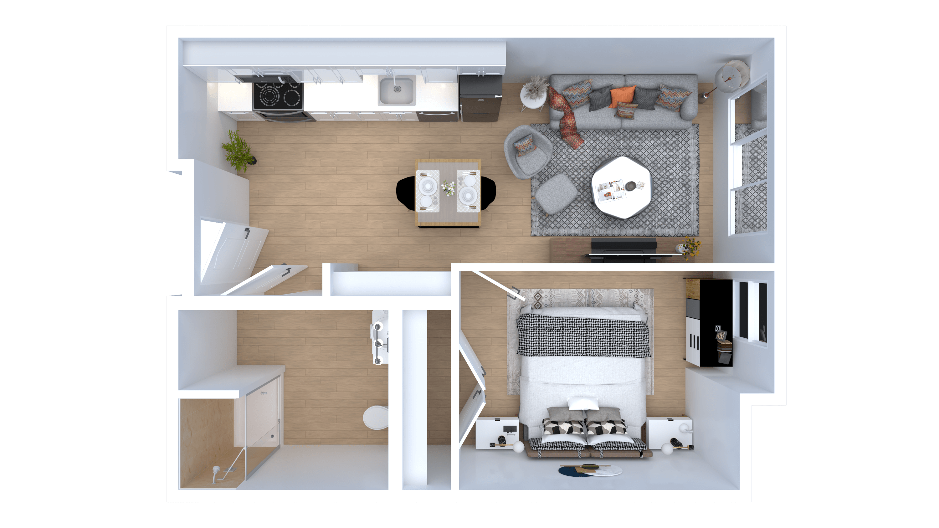 Floor plan for 1 bed, 1 bath, 642 sqft