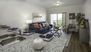 Slc apartment for rent - A modern kitchen with a grey granite countertop and a grey and white rug.